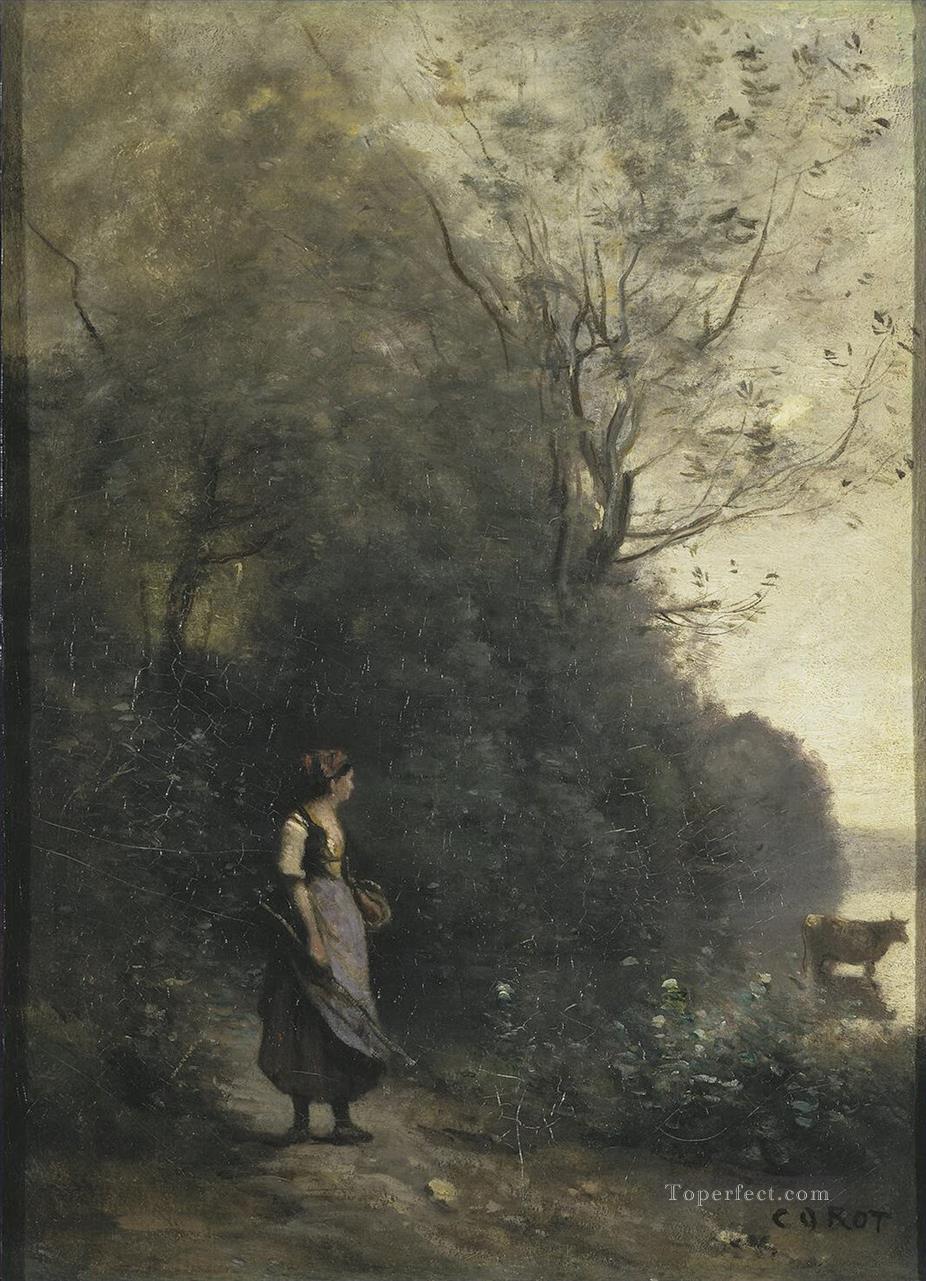 Jean Baptiste Camille Corot l Peasant Girl Grazing a Cow in the Forest Oil Paintings